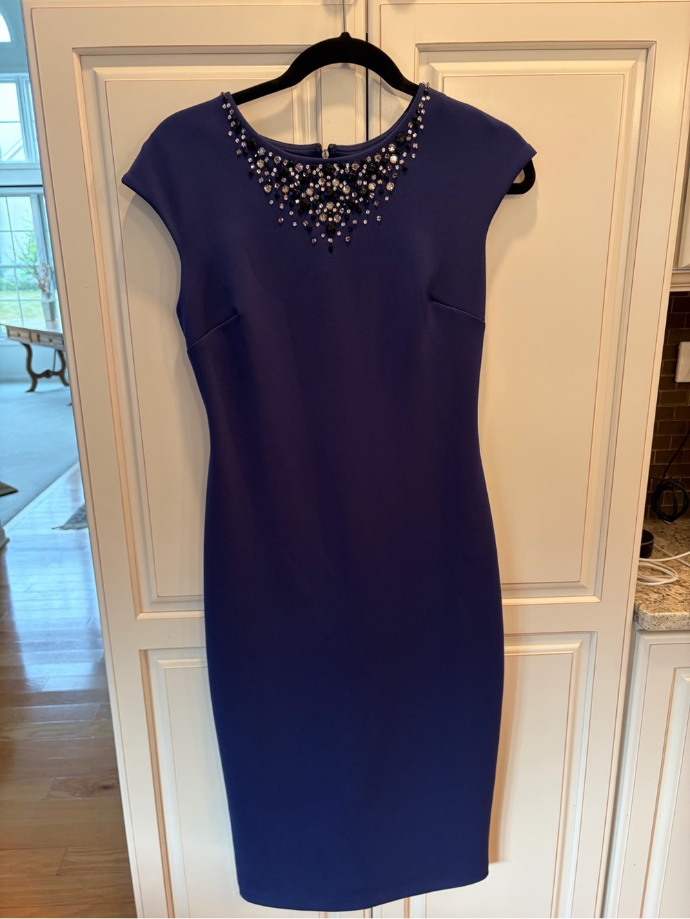 Maggy London Beaded Neckline Royal Blue Midi Sheath Dress
